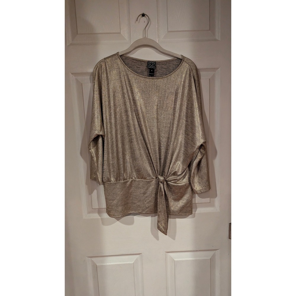 Clara Sunwoo Top M Gold Metallic Boat Neck 3/4 Sleeve Tie Front Shimmer Party - Picture 2 of 7
